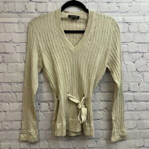Marlowe Beige Ribbed Knit V Neck Sweater Waist Tie Cashmere Silk Blend Large